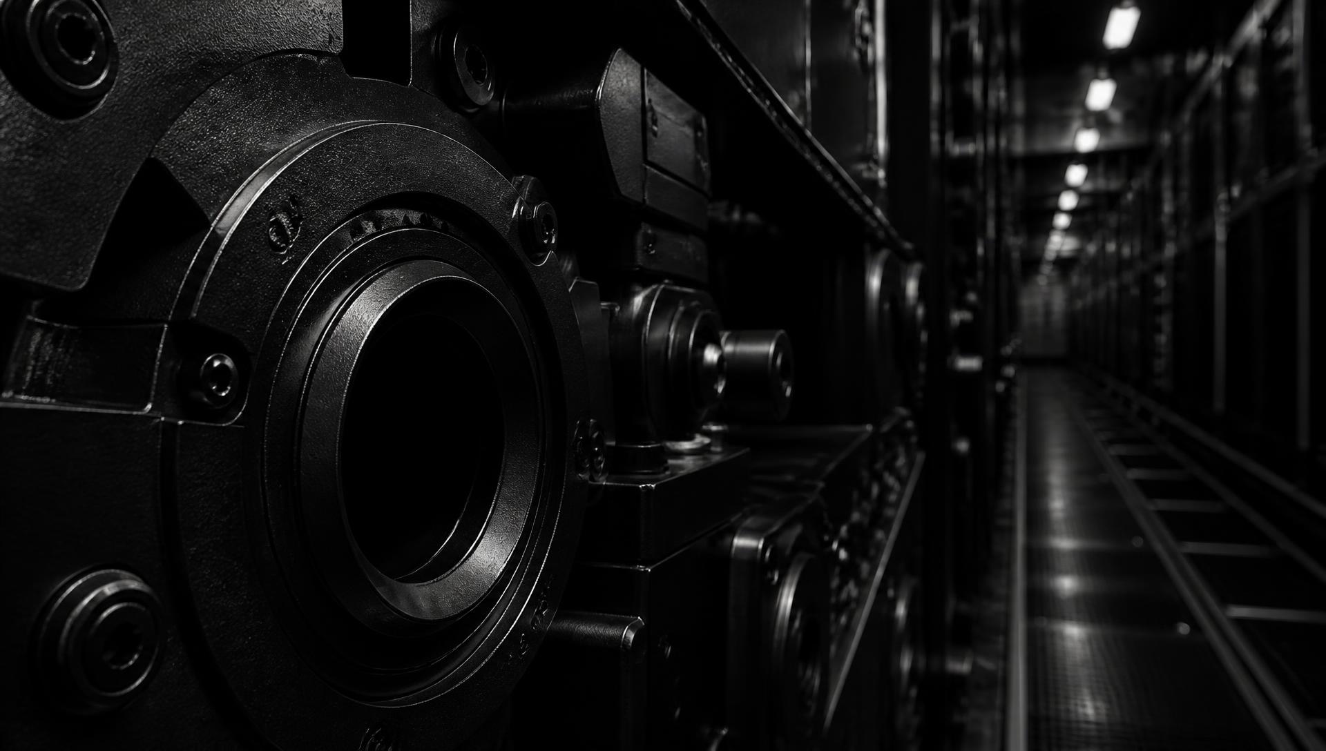 Dark industrial machinery inside a data-centre corridor